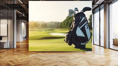 Generative AI, a sports bag with golf clubs stands on a green golf course, a professional elite golf club, a place for text, a lifestyle, an advertisement for a sports store Wall mural