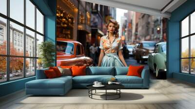 Generative AI, beautiful young woman dressed in 50s retro style with stylish hair stands on the street of old new york with cars, vintage fashion, feminine girl, designer dress, skirt, pin up Wall mural