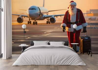 Generative AI, cheerful Santa Claus smiling against the background of a large passenger plane on the runway at the airport, new year, birth, holiday travel, air transport, fairy-tale character, winter Wall mural