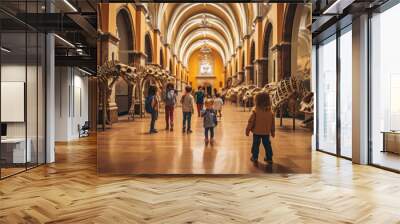 Generative AI, children, schoolchildren on an excursion to the prehistoric museum of paleontology looking at dinosaur skeletons, fossils, ancient lizards, education, architecture, boys, girls Wall mural