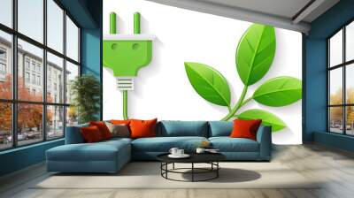 green electric plug on a white background, plant leaves, ecology, green technology, energy saving, illustration, device, science, household appliances, nature, environmentalism, electricity Wall mural