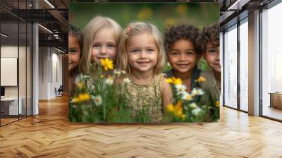 Group of cheerful little children of different nationalities in green summer park, friends, diversity, smiling child, kid, kindergarten, family, portrait, boys and girls faces Wall mural