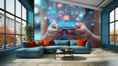 hands holding smartphone with social network on screen on blurred background, internet, mobile phone, community, people, device, communication, web, modern technologies, connection, online Wall mural