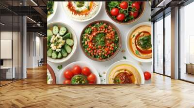 Lebanese national cuisine, dishes in plates and bowls on the table, tabbouleh, fattoush, hummus, pickles, restaurant, cafe, Middle East, delicious food, meal, salad, recipe, white background Wall mural