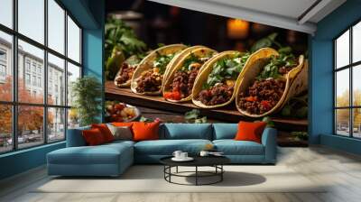 Mexican tacos stuffed with meat and vegetables, national food, delicious appetizer, tortilla, spicy, dish, lunch, dinner, traditional cuisine Wall mural