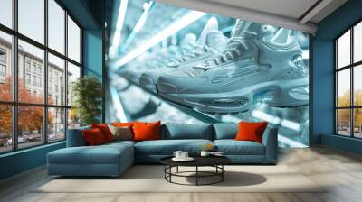 stylish fashionable sports sneakers on a shelf in a store, futuristic design, shoes, boots, fashion, footwear, casual attire, display window, shoe, model, pair, fitness, sneaker, showcase, market Wall mural