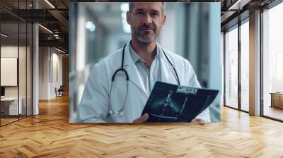 young male doctor in a white coat with a stethoscope holds an x-ray against the background of a hospital ward, medicine, treatment, clinic, professional, portrait, traumatology, surgeon, neurologist Wall mural