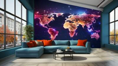 Abstract glowing world map with pink and purple lights, futuristic global network Wall mural