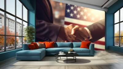 Business handshake with American flag in background, formal partnership agreement Wall mural