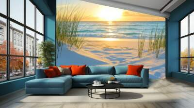 Tranquil beach sunrise with soft sand and sea grass in foreground Wall mural