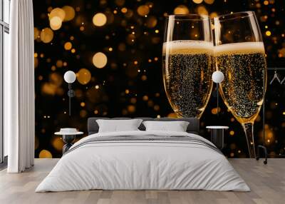 Two champagne glasses in toast position with golden bokeh, festive party Wall mural