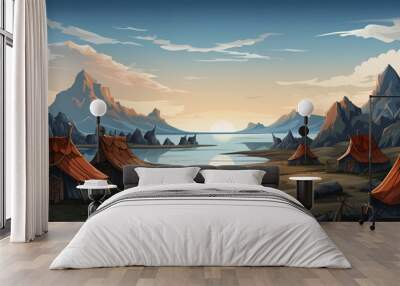 Viking Village by the Sea at Sunset, Rustic Illustration, Historical Scene Wall mural