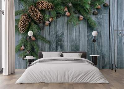 Christmas background with corner ornament of spruce branches, pi Wall mural