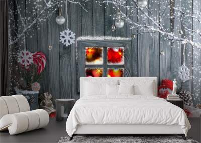 Christmas interior with snowman, window, decorative branches, pr Wall mural