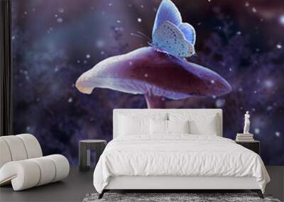 Fantasy mushroom and blue butterfly in enchanted fairy tale dreamy elf forest, fabulous fairytale deep dark wood and moon rays in night, mysterious nature background with magical glade in first snow. Wall mural