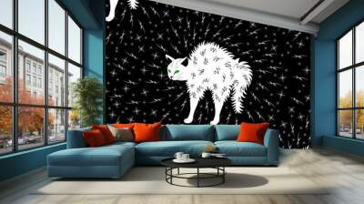 Angry white cat arched his back. Around him are lightning and stars. Seamless pattern. Wall mural