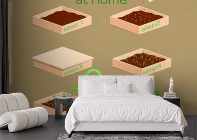 infographic how to grow microgreens at home. six steps to grow microgreen in a box with soil. packag Wall mural