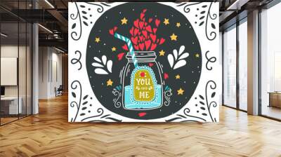 You and me. Hand drawn jar with hearts, straw, decoration elemen Wall mural