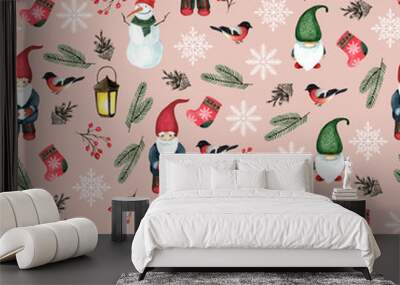 Seamless pattern with gnomes and Christmas elements. Watercolor hand drawn Wall mural