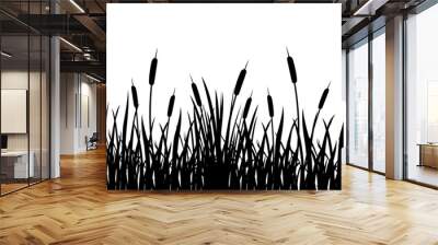 Black silhouette of cattail border in tall grass. Seamless reed border. Swamp grass for design Wall mural