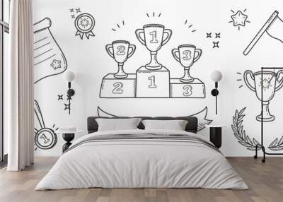 Set of awards in doodle style. Hand drawn winner cups and medals. Linear vector illustrations of prizes and success items Wall mural