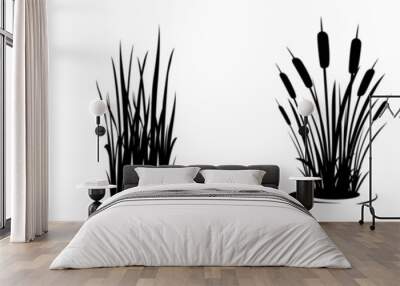 Silhouette of reeds on a white background. Set of swamp grass elements. Swamp vegetation for design Wall mural