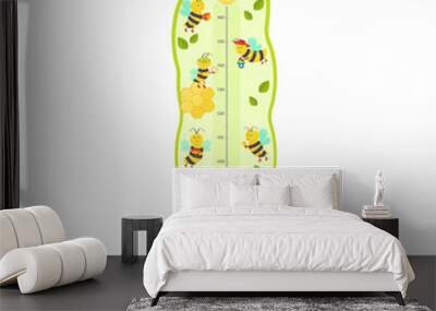 Tree-shaped height gauge for children with illustration of cute bees on a tree with different activities Wall mural