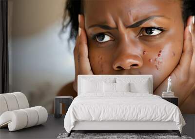 Close Up Portrait Of African Woman Suffering From Acne On Her Face With Frowning Expression Wall mural