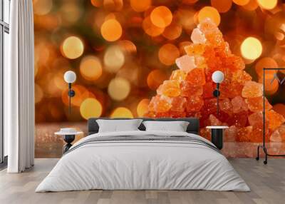 Pyramid of orange Himalayan salt crystals on sparkling background with warm bokeh, space for text. Wall mural