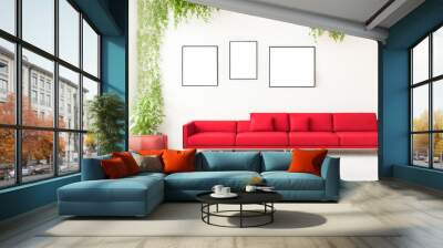 Three frames mockup for artwork or print on grey wall with red couch eucalyptus green plants in vase, copy space. Interior design. Generative Ai. Wall mural