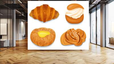 Bakery vector icons set, illustration of croissant, semla, cinnamon wicker roll and danish round bun, pastry goods collection, various isolated sweet breads products Wall mural