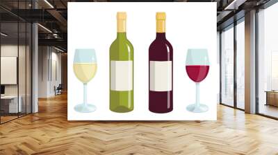 Vector set of red and white wine, illustration of glass and bottle with red wine, alcoholic white drink in flat style for poster, bar menu print design Wall mural