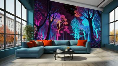 An illustration of a dark neon forest, with glowing accents, cartoon like, created with Generative AI technology Wall mural