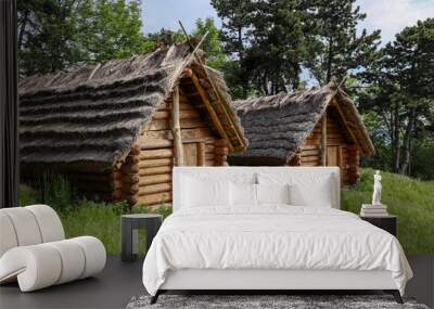 Historic Slavic dwelling on the Molpir hill in the Little Carpathians. Two wooden cottages with straw roof on the hillfort. Wall mural