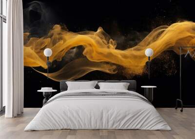 Shiny smoke. Glitter fluid. Ink water. Magic mist. Gold color particles texture paint vapor storm wave Wall mural