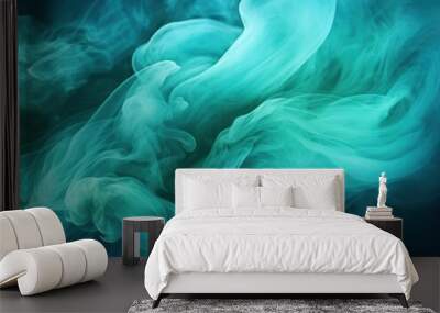 Shiny smoke. Glitter fluid. Ink water. Magic mist. Teal color particles texture paint vapor storm wave Wall mural