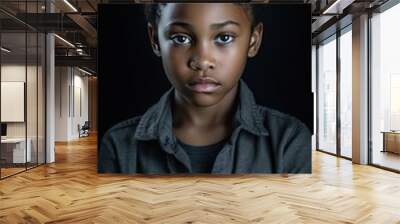 Silver background sad black American African child Portrait of young beautiful kid Isolated Background racism skin color depression anxiety fear burn out health issue problem  Wall mural