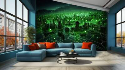 Smooth background in green with some light grey infrastructure symbols and connections technology Wall mural