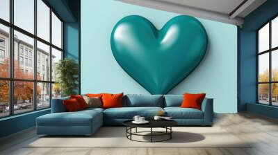 Teal heart isolated on background, flat lay, vecor illustration Wall mural