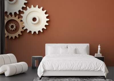 Three white gears on a Brown background, laid flat, copy space concept for business technology and development in the abstract vector with copy space  Wall mural