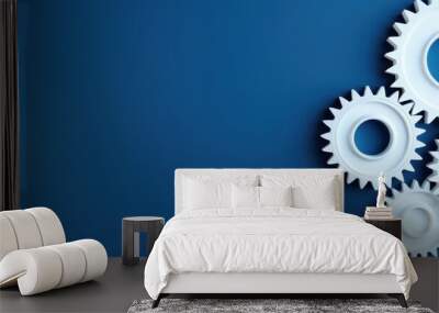 Three white gears on a Indigo background, laid flat, copy space concept for business technology and development in the abstract vector with copy space for photo  Wall mural