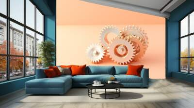 Three white gears on a Peach background, laid flat, copy space concept for business technology and development in the abstract vector with copy space  Wall mural