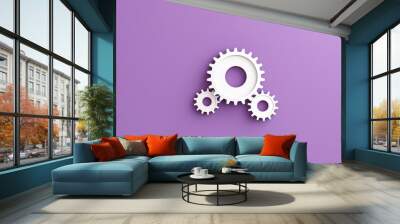 Three white gears on a Purple background, laid flat, copy space concept for business technology and development in the abstract vector with copy space  Wall mural