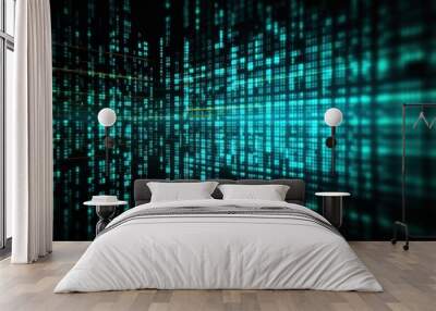 Turquoise binary code on dark, creating an atmosphere of data technology and cyber security Wall mural