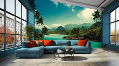 Wallpaper of beautiful tropical paradise landscape. Generative ai Wall mural