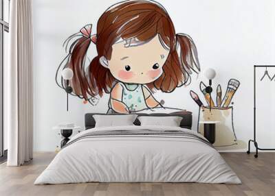 Watercolor illustration of a little girl painting. Generative ai Wall mural