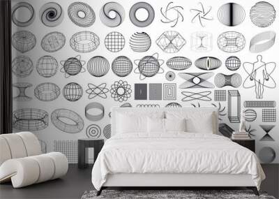 3d Retro futuristic. Black trip elements on the white background. Acid rave concept. Trippy vibe shapes, abstract forms in vaporwave 80s and 90s. Collection of strange wireframes vector geometric. Wall mural