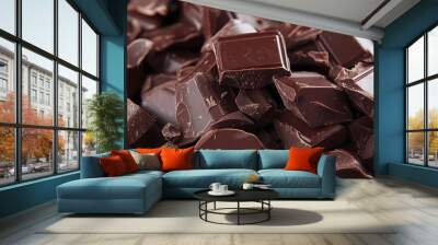 Dark chocolate pieces close up. AI generation Wall mural