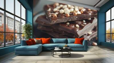 Dark chocolate pieces close up. AI generation Wall mural