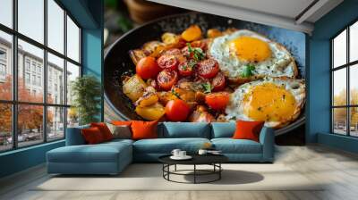 Delicious traditional healthy English breakfast close-up with scrambled eggs, beans, bacon, tomatoes and toast. AI generation Wall mural